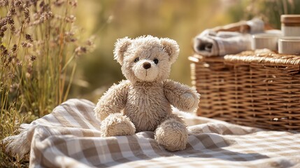 Teddy bear at a picnic. Fluffy toy sits on a checkered blanket in a grassy field with a picnic basket in the background. Perfect day for an outdoor adventure.