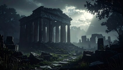 Obraz premium A digital art piece depicting a ruined classical temple. Beams of sunlight pierce the overcast sky. The scene is moody