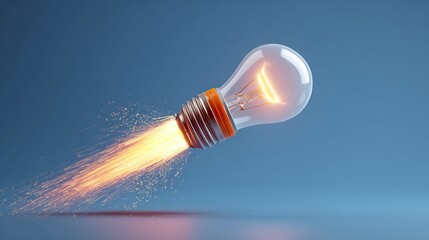 A lightbulb illuminating and streaking across a blue background like a rocket, symbolizing innovation, energy, and creativity in a dynamic, visually striking manner.