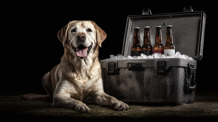 Golden Labrador Retriever lounging beside a cooler filled with ice and amber bottles, set against a dark backdrop. The dog looks happy and relaxed.