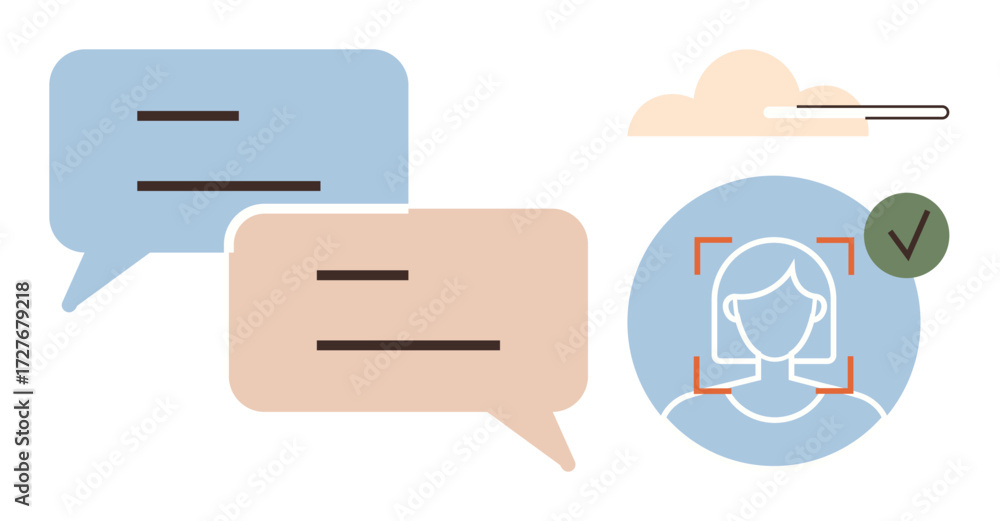 Poster speech bubbles, facial recognition with scanning marks, and cloud upload progress bar. ideal for ai,