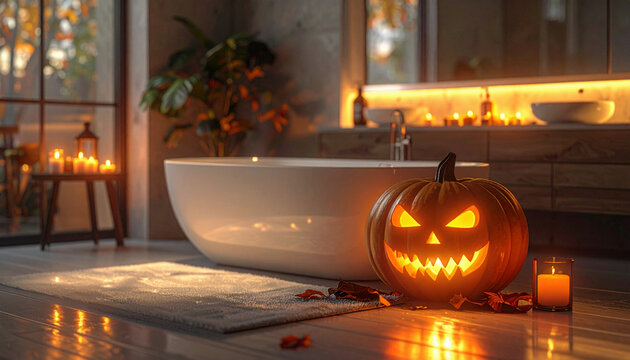 Glowing jack-o’-lantern and candles decorating a modern bathroom with a white bathtub, creating a spooky Halloween atmosphere.