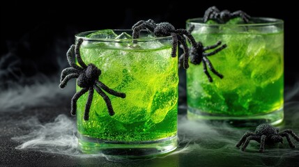 two glasses of vibrant green halloween drinks decorated with gummy worms and plastic spiders
