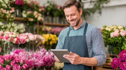 Fototapeta premium people business technology sale and floristry and concept happy smiling florist man with tablet pc computer at flower shop no logos no brands ar 169