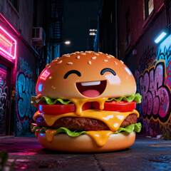 Cartoon burger with smiling face in urban alleyway