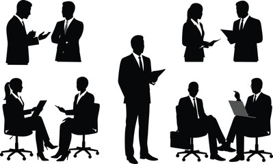 Silhouette vector illustration of business professionals in office meeting and discussion scenes for corporate presentation designs.Silhouette vector illustration 