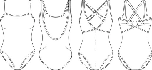 Flat technical fashion sketch of one piece swimsuits with front and back views for women's swimwearFlat technical fashion sketch of one piece swimsuits with front and back views for women's swimwear