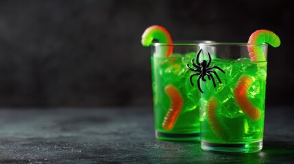 two glasses of vibrant green halloween drinks decorated with gummy worms and plastic spiders