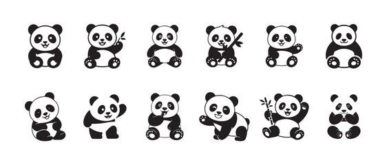 Panda icon silhouette set, cute panda bear set vector silhouette, collection black and white panda bear, cartoon panda, vector illustration EPS 10.