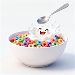 Bowl of cereal with smiling milk splash and spoon
