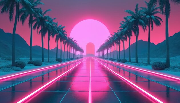 Neon pink and teal retro road lined with palm trees leads to distant archway under large sun. Futuristic desert landscape at sunset or sunrise.