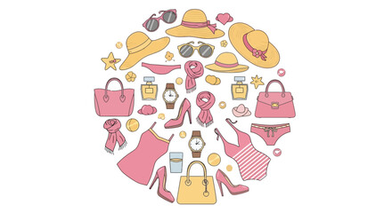 Fototapeta premium Collection of fashionable accessories and clothing items arranged in a circular composition.