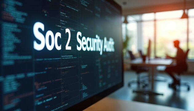 Modern screen displays Soc 2 security audit with code text. Office worker in background at desk. Focus on digital compliance and business data.