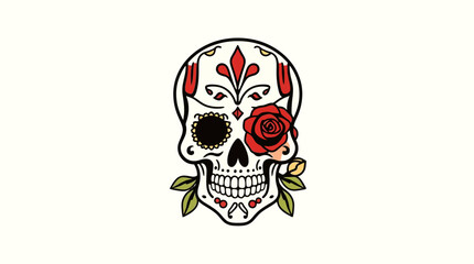 Decorated skull with floral elements, including a rose, against a white background, evoking Day of the Dead imagery.
