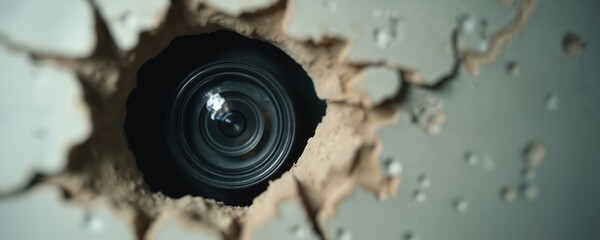 Camera lens peers through hole in ceiling plaster. Secret surveillance and hidden recording captured. Intrusion and privacy violation implied.