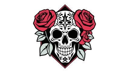 Ornate skull design with red roses, a decorative artistic representation.