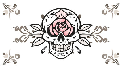 Intricate illustration featuring a sugar skull with a rose, adorned with decorative floral elements.