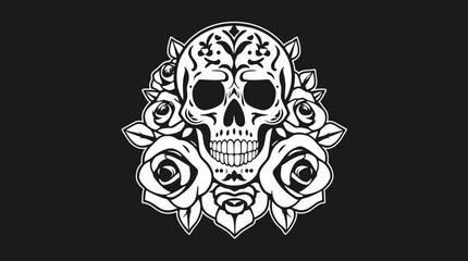 A stylized black and white illustration featuring a decorative skull surrounded by roses, set against a dark background.