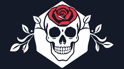 A stylized illustration featuring a skull adorned with a red rose, set against a dark background.