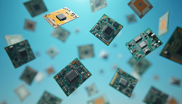 Electronic computer chips and circuit boards float in the air against a bright blue background. These components represent obsolete tech, data processing, and digital waste.