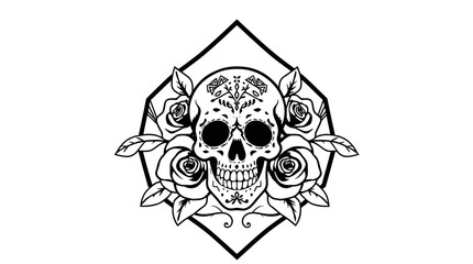 A detailed black and white illustration featuring a decorated skull surrounded by roses, within a geometric shape.