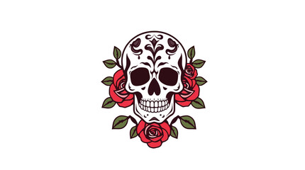 A stylized skull illustration, adorned with floral elements, set against a plain white background.
