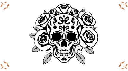Intricate black and white illustration of a decorated skull surrounded by roses.