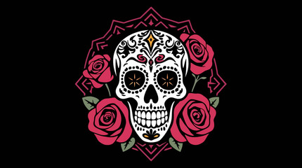Ornate sugar skull with floral accents, set against a dark background, creating a vibrant and decorative design.