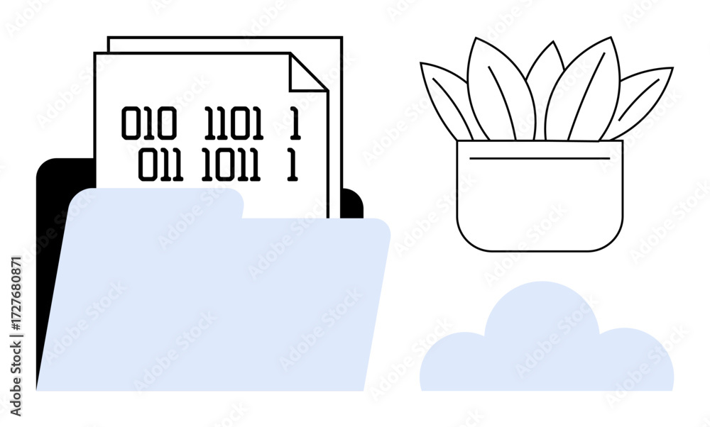 Poster open folder containing binary code documents, potted plant, and cloud graphic. ideal for data storag