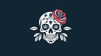 Stylized skull with intricate details, adorned with a pink rose and leaves, set against a dark blue background.