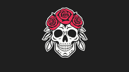 Skull with a crown of red roses and leaves on a dark background, stylized vector illustration.