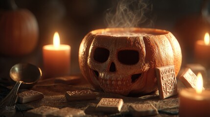 mangkuk permen halloween yang meriah dengan labu danlilin