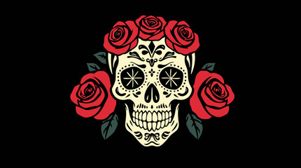 A stylized skull decorated with a floral crown and roses, set against a black background.