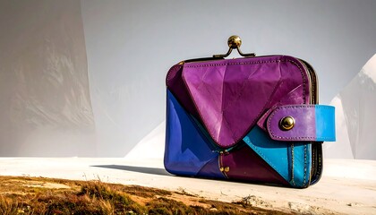 Colorful, patterned purse sits on a textured surface with abstract background design