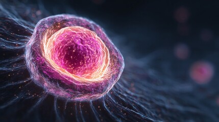 An abstract, stylized illustration of a biological cell with a layered membrane in shades of pink and orange. The cell is connected to a network of filaments.