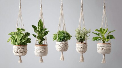 Macrame plant hangers elevate greenery. Artistic textile designs cradle various houseplants in a chic, suspended display.