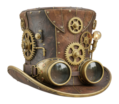 Vintage steampunk top hat with goggles, gears, and a light bulb, made of brown leather and brass, Isolated on Transparent and White Background