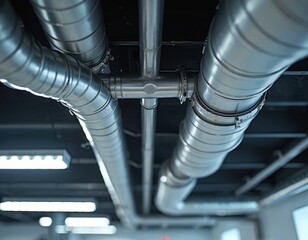 Industrial metal ducts and pipes on commercial building ceiling. Ventilation system pipes crisscross, air conditioning infrastructure. HVAC mechanics install clean building systems.