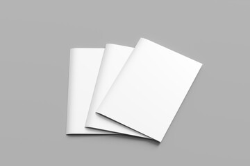 closed blank brochures on grey background, top view. Mock up for design