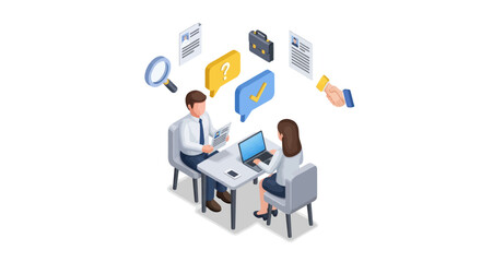 Isometric illustration of a job interview with an HR manager reviewing a candidates resume and portfolio.