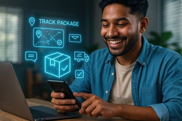 Tracking packages with technology a smiling man uses a smartphone and laptop at home digital communication modern lifestyle