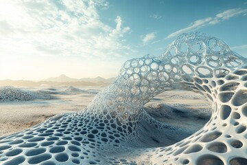 Abstract digital art depicting a porous, biomorphic structure in a desert landscape under a cloudy sky.