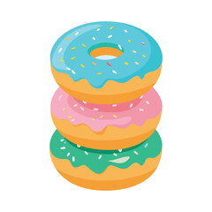 Stack of three delicious frosted doughnuts teal pink green isolated sweet treat bakery food delight