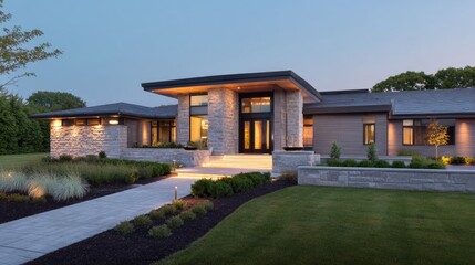 facade. Modern residential architecture with clean lines, bathed in neutral tones under daylight. real-estate listings.
