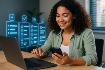 Engaging in remote work activities home office digital interaction modern workspace eye-level perspective productivity and technology