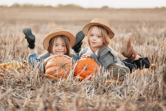 Two young girls enjoy a sunny autumn day picking pumpkins in a field after harvest
