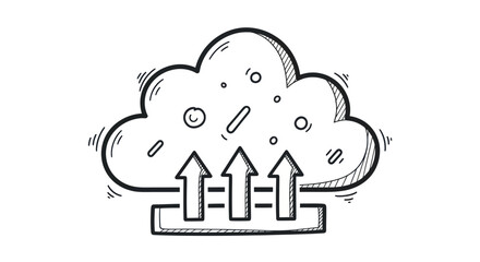 Hand-drawn cloud icon with upward arrows and particles.