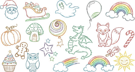 Vector art of assortment of festive drawings featuring santa, a sleigh, ghost, dragon, fox, and rainbows