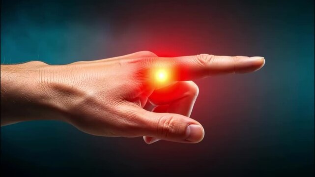 A mans hand with a red spot on the finger, possibly indicating pain, injury, or inflammation, against a dark blue background, showcasing healthcare and medical issues ai generated vedio