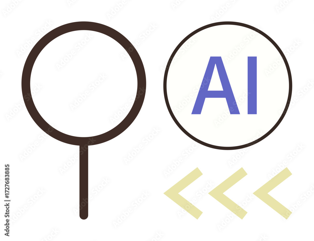 Poster magnifying glass beside ai text in a circle and yellow directional arrows, representing focus, artif